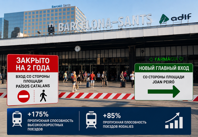 Подробнее о "Вход на вокзал Барселона-Сантс со стороны площади Països Catalans закроют на два года"